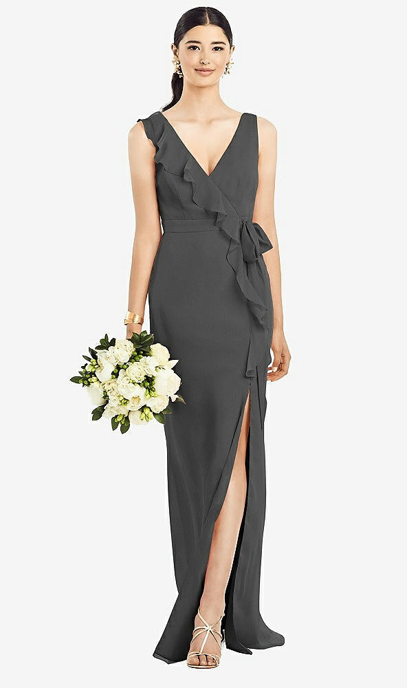 Front View - Charcoal Gray Sleeveless Ruffled Wrap Chiffon Gown