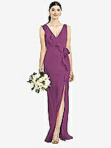 Front View Thumbnail - Radiant Orchid Sleeveless Ruffled Wrap Chiffon Gown