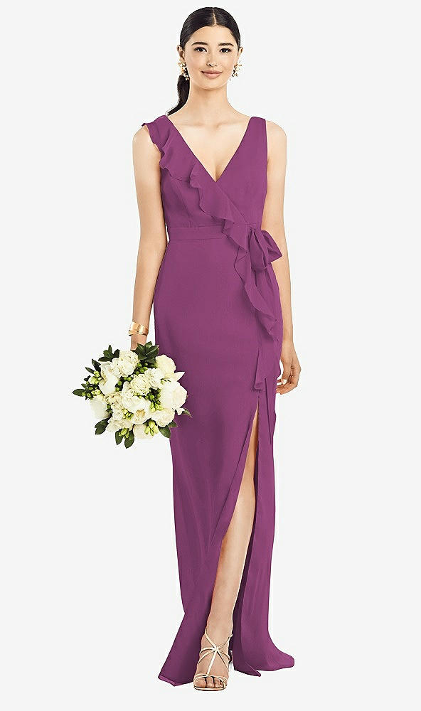 Front View - Radiant Orchid Sleeveless Ruffled Wrap Chiffon Gown