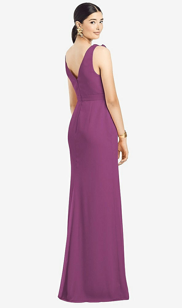 Back View - Radiant Orchid Sleeveless Ruffled Wrap Chiffon Gown