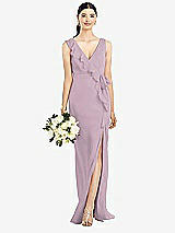 Front View Thumbnail - Suede Rose Sleeveless Ruffled Wrap Chiffon Gown