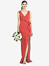 Front View Thumbnail - Perfect Coral Sleeveless Ruffled Wrap Chiffon Gown