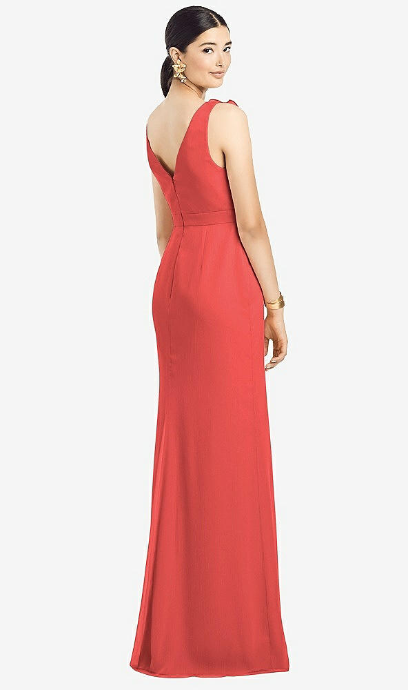 Back View - Perfect Coral Sleeveless Ruffled Wrap Chiffon Gown