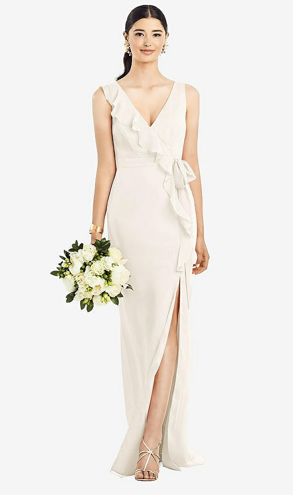 Front View - Ivory Sleeveless Ruffled Wrap Chiffon Gown