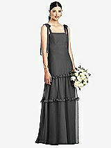 Front View Thumbnail - Charcoal Gray Bowed Tie-Shoulder Chiffon Dress with Tiered Ruffle Skirt