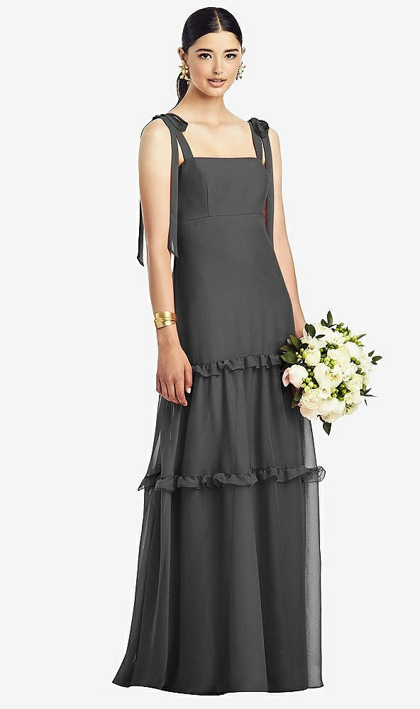 Front View - Charcoal Gray Bowed Tie-Shoulder Chiffon Dress with Tiered Ruffle Skirt