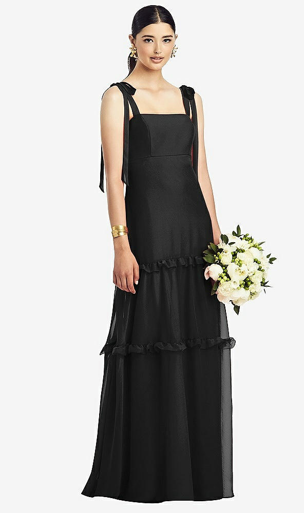 Front View - Black Bowed Tie-Shoulder Chiffon Dress with Tiered Ruffle Skirt