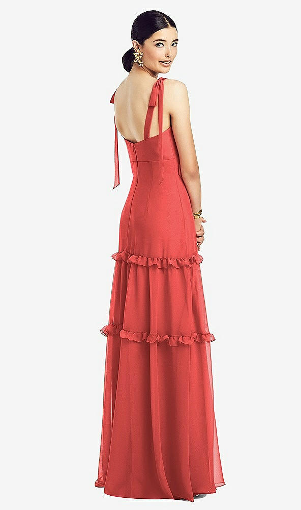 Back View - Perfect Coral Bowed Tie-Shoulder Chiffon Dress with Tiered Ruffle Skirt