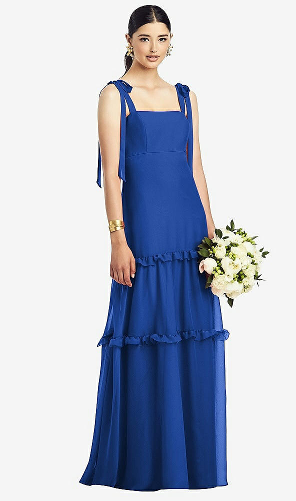 Front View - Sapphire Bowed Tie-Shoulder Chiffon Dress with Tiered Ruffle Skirt