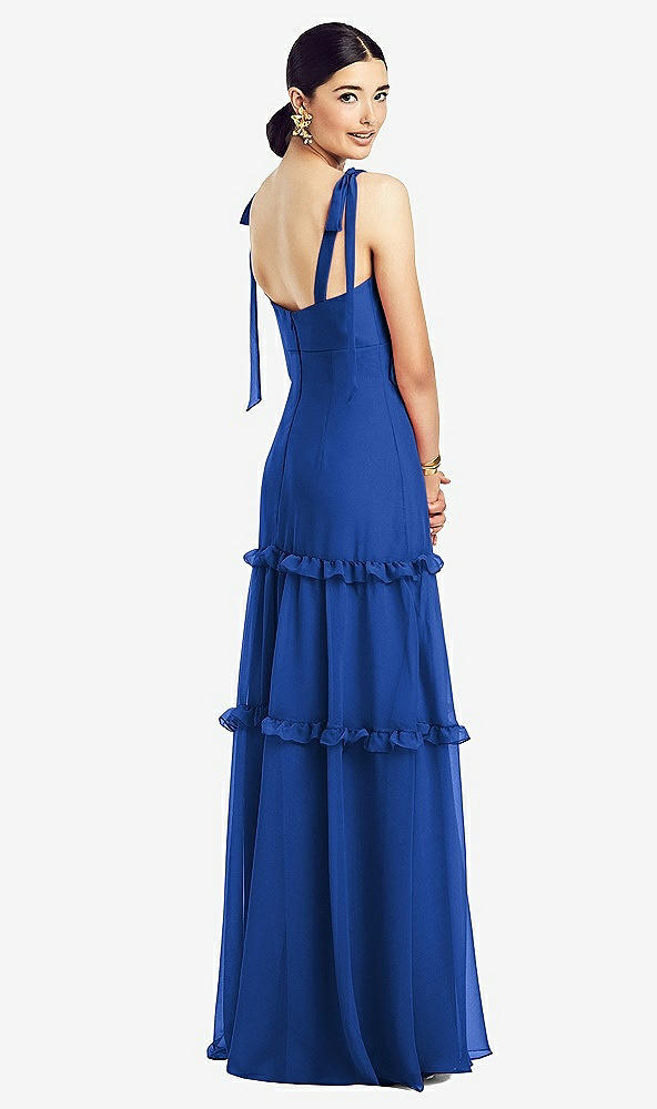 Back View - Sapphire Bowed Tie-Shoulder Chiffon Dress with Tiered Ruffle Skirt