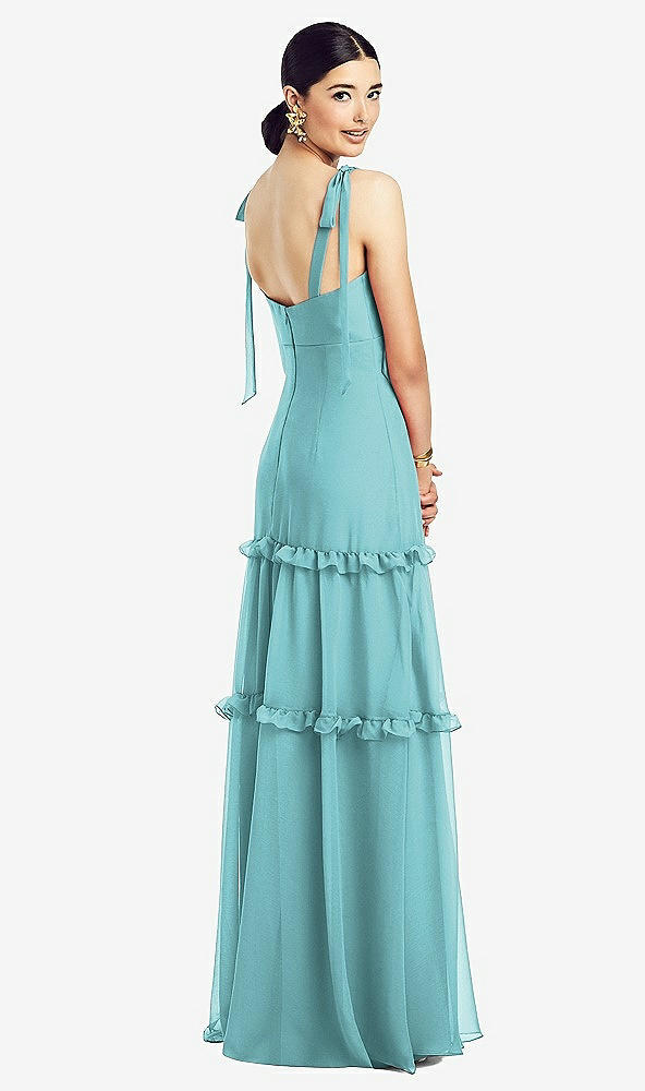 Back View - Spa Bowed Tie-Shoulder Chiffon Dress with Tiered Ruffle Skirt