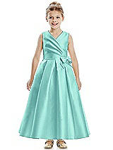Front View Thumbnail - Coastal Faux Wrap Pleated Skirt Satin Twill Flower Girl Dress with Bow