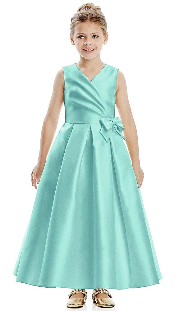 Front View - Coastal Faux Wrap Pleated Skirt Satin Twill Flower Girl Dress with Bow