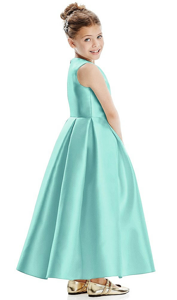 Back View - Coastal Faux Wrap Pleated Skirt Satin Twill Flower Girl Dress with Bow