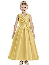 Front View Thumbnail - Maize Faux Wrap Pleated Skirt Satin Twill Flower Girl Dress with Bow
