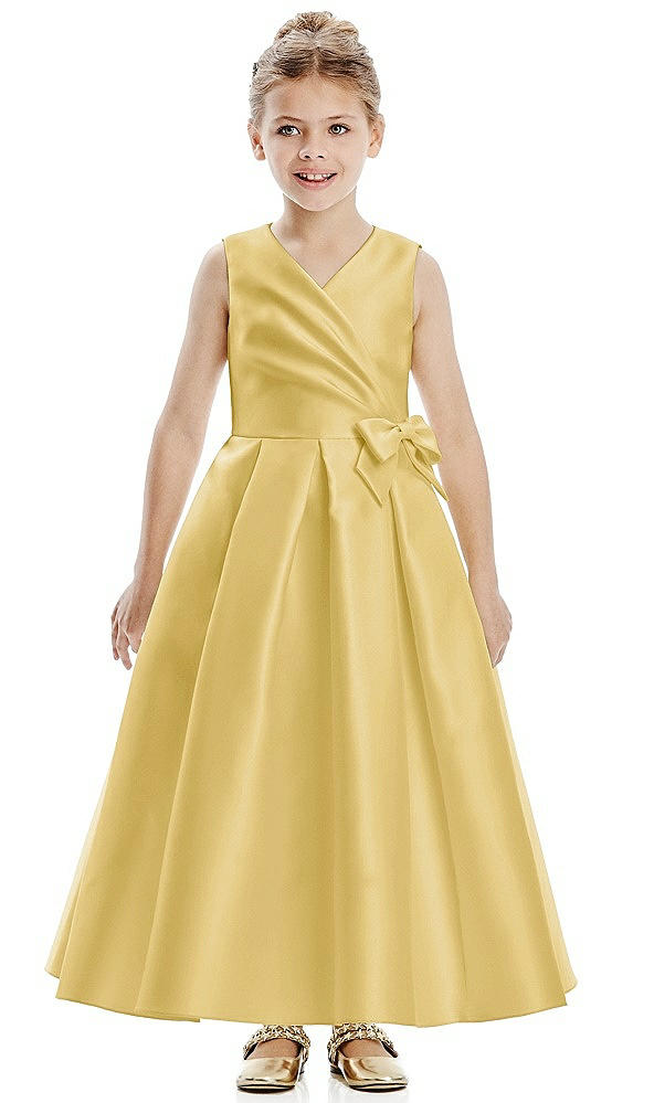 Front View - Maize Faux Wrap Pleated Skirt Satin Twill Flower Girl Dress with Bow
