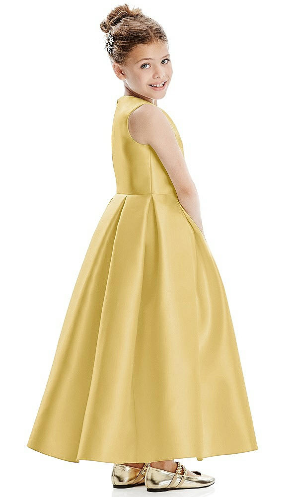 Back View - Maize Faux Wrap Pleated Skirt Satin Twill Flower Girl Dress with Bow