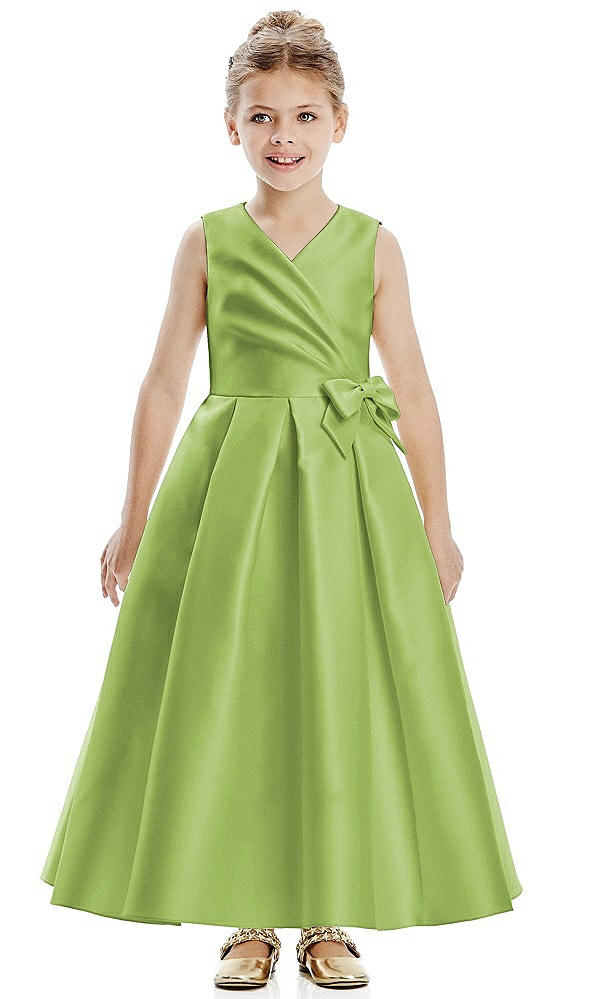 Front View - Mojito Faux Wrap Pleated Skirt Satin Twill Flower Girl Dress with Bow