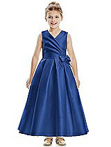 Front View Thumbnail - Classic Blue Faux Wrap Pleated Skirt Satin Twill Flower Girl Dress with Bow