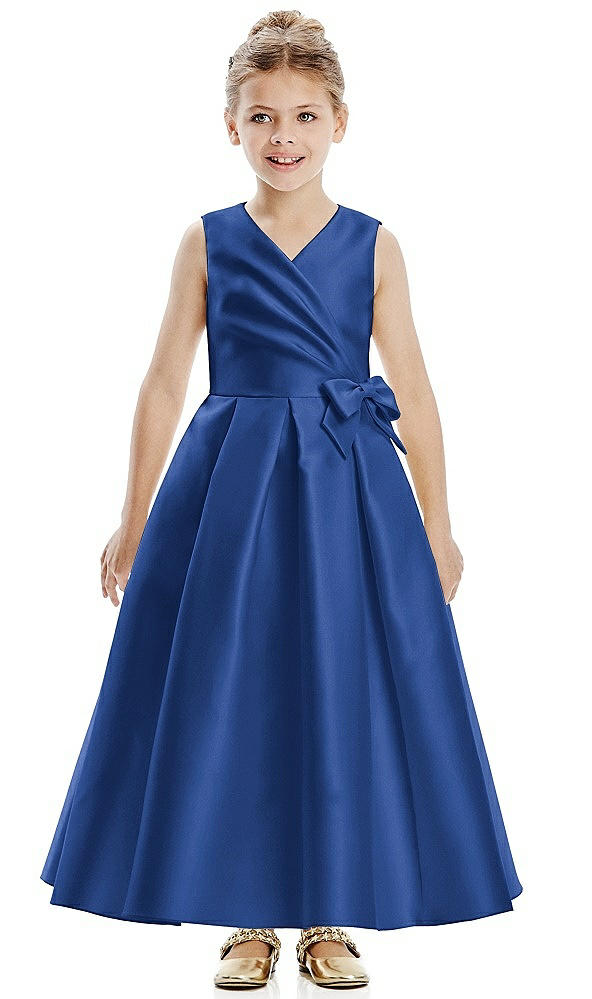 Front View - Classic Blue Faux Wrap Pleated Skirt Satin Twill Flower Girl Dress with Bow