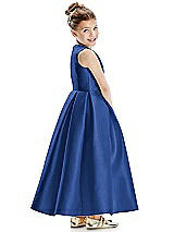 Rear View Thumbnail - Classic Blue Faux Wrap Pleated Skirt Satin Twill Flower Girl Dress with Bow