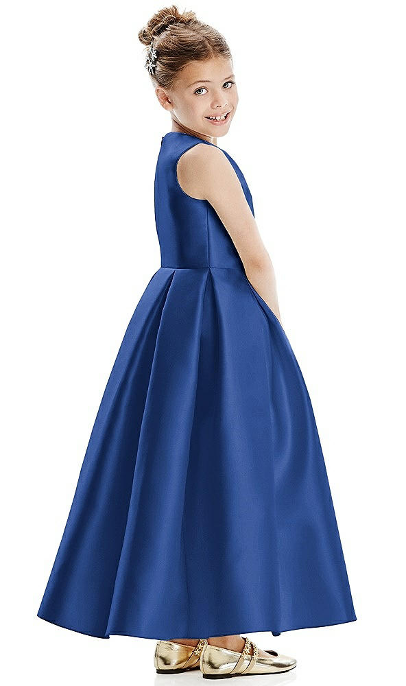 Back View - Classic Blue Faux Wrap Pleated Skirt Satin Twill Flower Girl Dress with Bow
