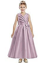Front View Thumbnail - Suede Rose Faux Wrap Pleated Skirt Satin Twill Flower Girl Dress with Bow