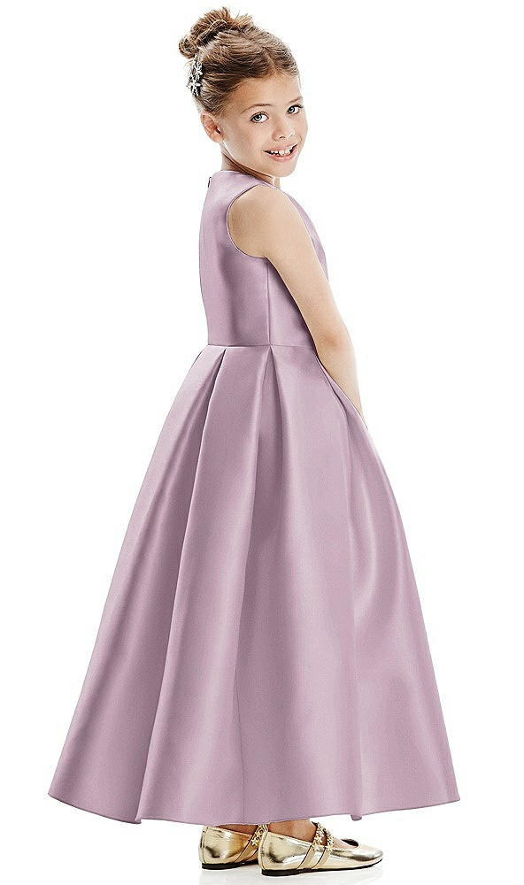 Back View - Suede Rose Faux Wrap Pleated Skirt Satin Twill Flower Girl Dress with Bow