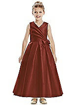Front View Thumbnail - Auburn Moon Faux Wrap Pleated Skirt Satin Twill Flower Girl Dress with Bow