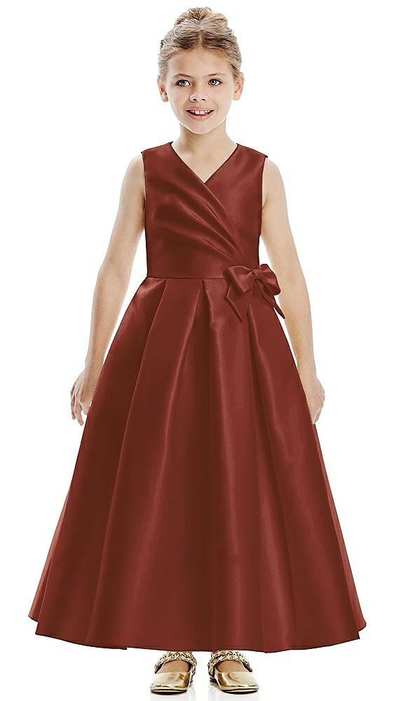 Front View - Auburn Moon Faux Wrap Pleated Skirt Satin Twill Flower Girl Dress with Bow