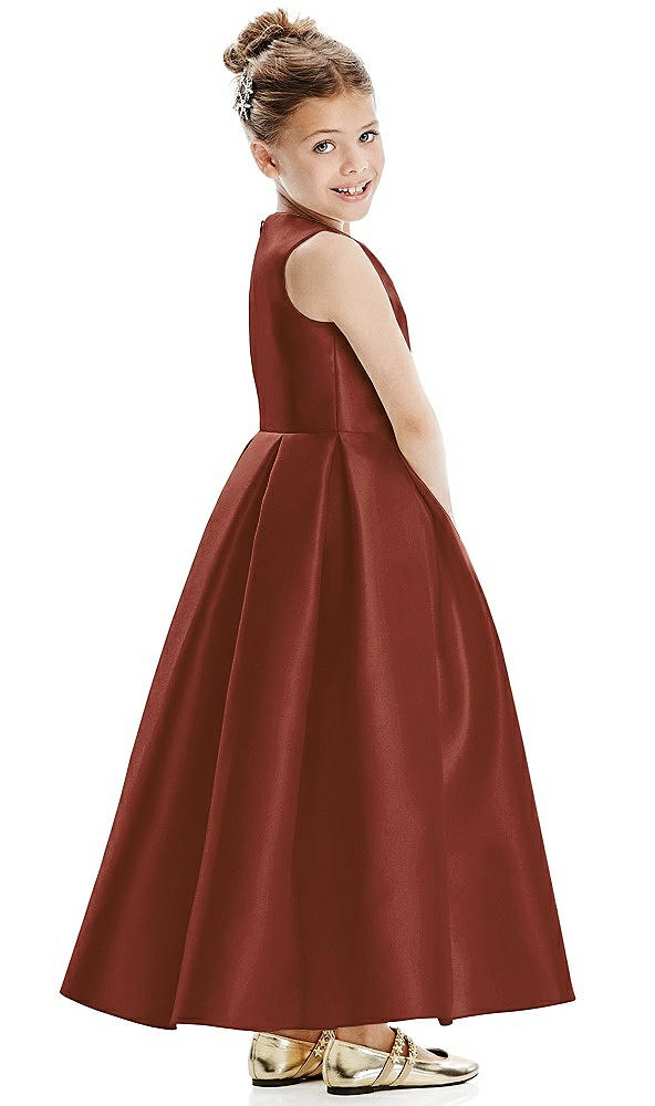 Back View - Auburn Moon Faux Wrap Pleated Skirt Satin Twill Flower Girl Dress with Bow