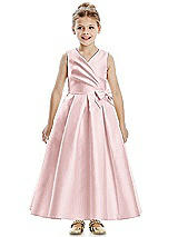 Front View Thumbnail - Ballet Pink Faux Wrap Pleated Skirt Satin Twill Flower Girl Dress with Bow