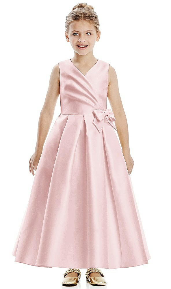 Front View - Ballet Pink Faux Wrap Pleated Skirt Satin Twill Flower Girl Dress with Bow