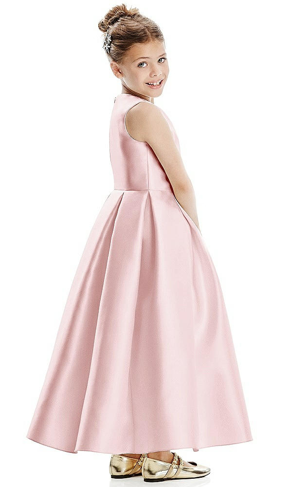 Back View - Ballet Pink Faux Wrap Pleated Skirt Satin Twill Flower Girl Dress with Bow