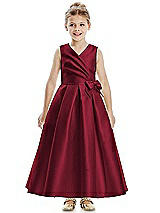 Front View Thumbnail - Burgundy Faux Wrap Pleated Skirt Satin Twill Flower Girl Dress with Bow