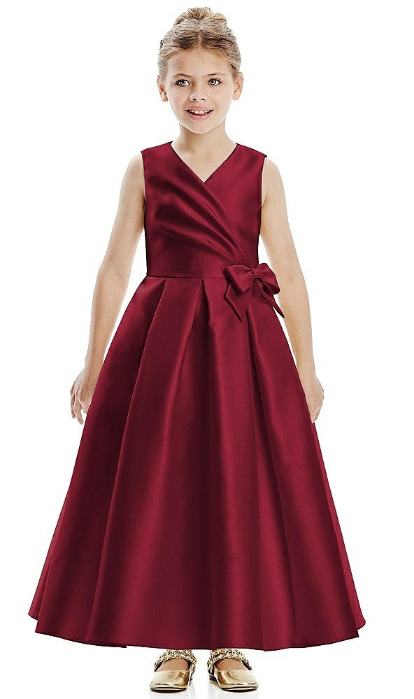 Front View - Burgundy Faux Wrap Pleated Skirt Satin Twill Flower Girl Dress with Bow