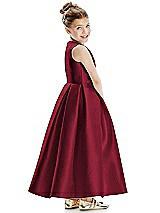 Rear View Thumbnail - Burgundy Faux Wrap Pleated Skirt Satin Twill Flower Girl Dress with Bow