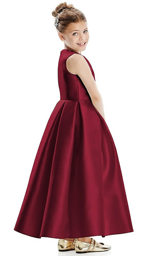Back View - Burgundy Faux Wrap Pleated Skirt Satin Twill Flower Girl Dress with Bow