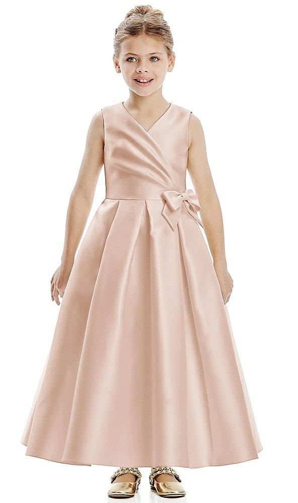 Front View - Cameo Faux Wrap Pleated Skirt Satin Twill Flower Girl Dress with Bow
