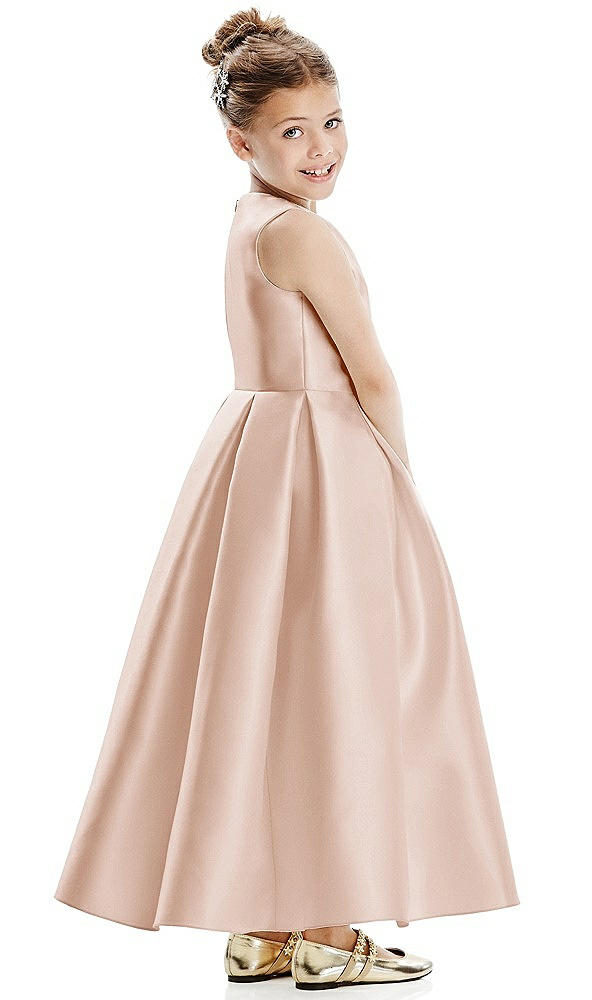 Back View - Cameo Faux Wrap Pleated Skirt Satin Twill Flower Girl Dress with Bow