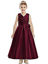 Front View Thumbnail - Cabernet Faux Wrap Pleated Skirt Satin Twill Flower Girl Dress with Bow