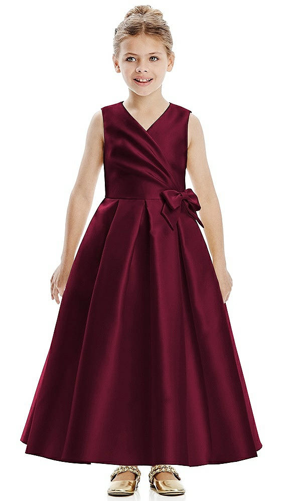 Front View - Cabernet Faux Wrap Pleated Skirt Satin Twill Flower Girl Dress with Bow
