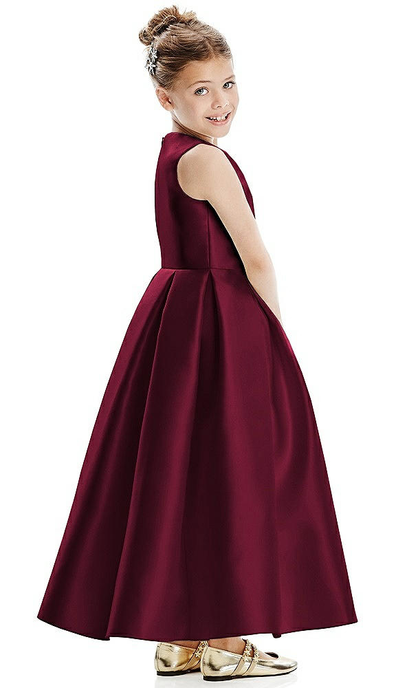 Back View - Cabernet Faux Wrap Pleated Skirt Satin Twill Flower Girl Dress with Bow