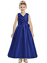 Front View Thumbnail - Cobalt Blue Faux Wrap Pleated Skirt Satin Twill Flower Girl Dress with Bow