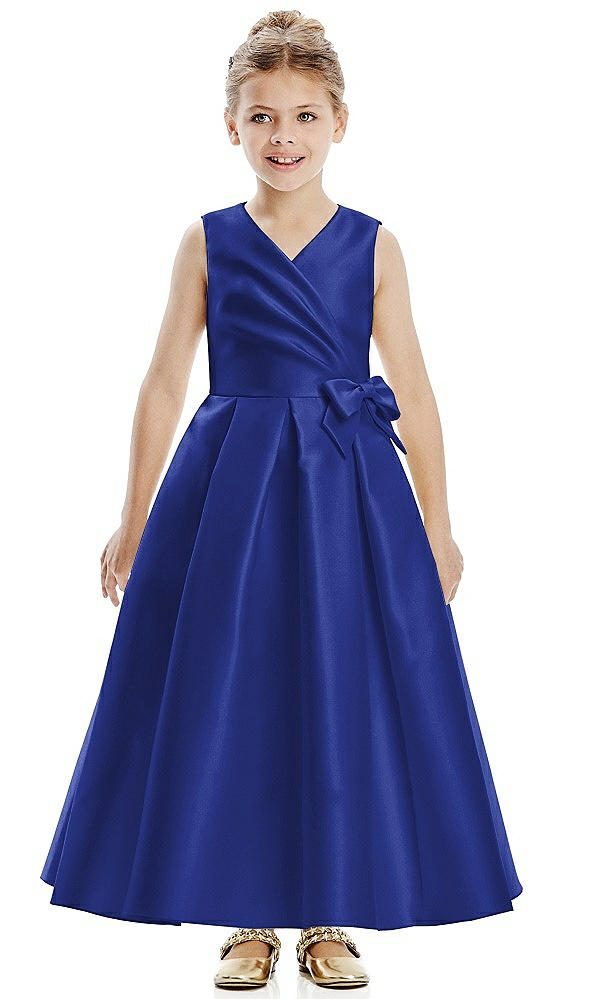 Front View - Cobalt Blue Faux Wrap Pleated Skirt Satin Twill Flower Girl Dress with Bow