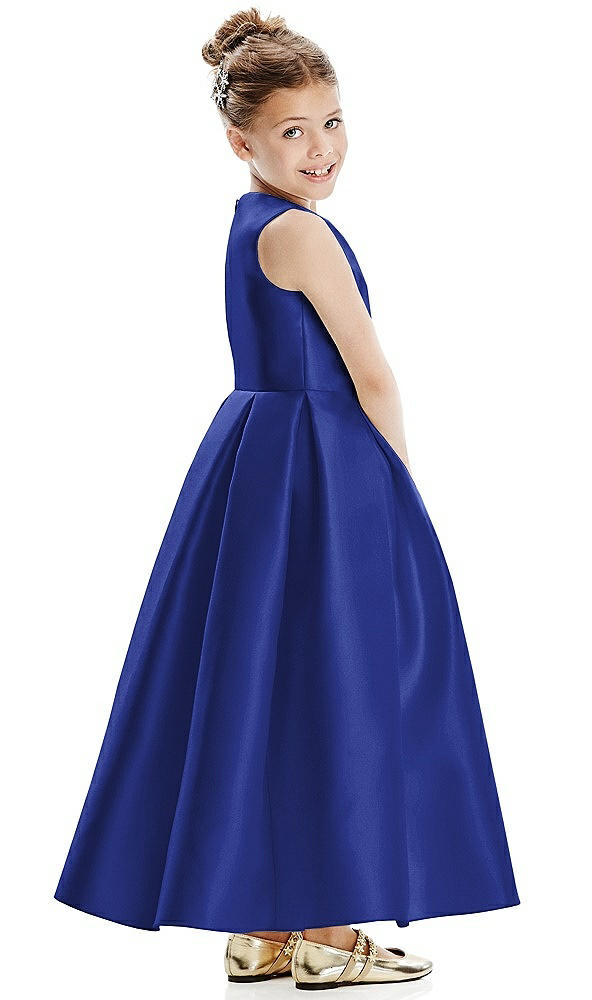 Back View - Cobalt Blue Faux Wrap Pleated Skirt Satin Twill Flower Girl Dress with Bow