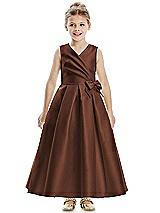 Front View Thumbnail - Cognac Faux Wrap Pleated Skirt Satin Twill Flower Girl Dress with Bow