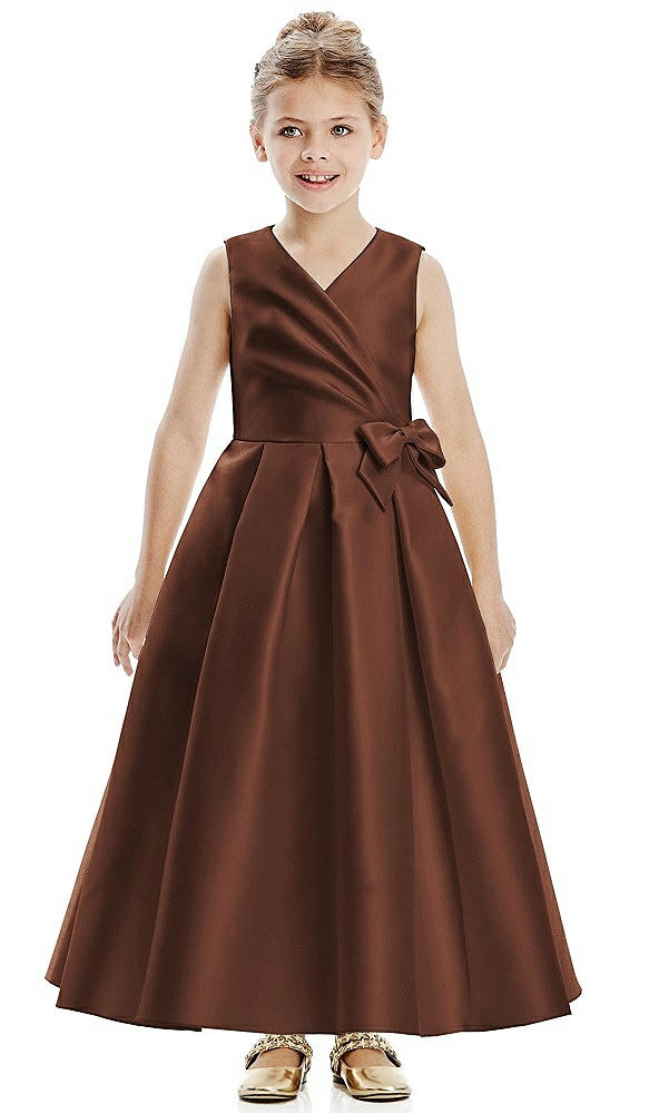 Front View - Cognac Faux Wrap Pleated Skirt Satin Twill Flower Girl Dress with Bow