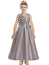 Front View Thumbnail - Cashmere Gray Faux Wrap Pleated Skirt Satin Twill Flower Girl Dress with Bow