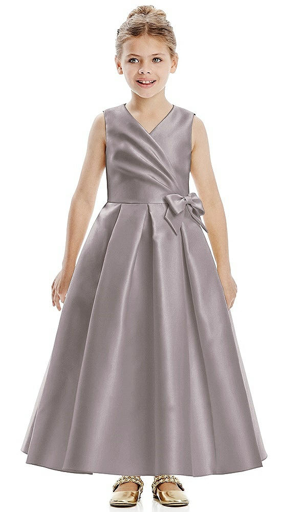 Front View - Cashmere Gray Faux Wrap Pleated Skirt Satin Twill Flower Girl Dress with Bow